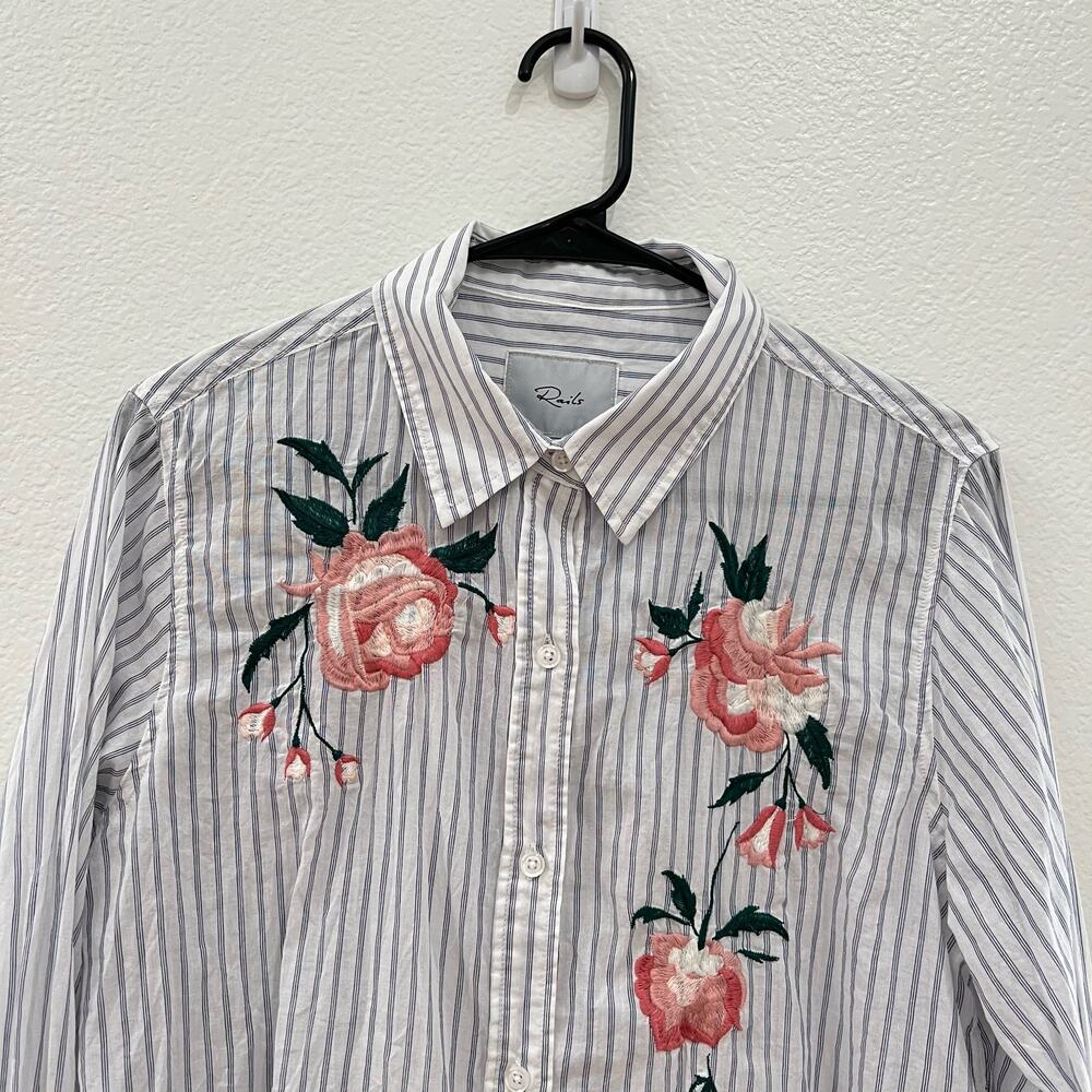 Rails Nevin Long Sleeve Button Down Shirt Pink Floral Embroidered Stripe Medium - Picture 4 of 16